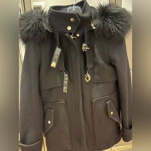 Zara Black 75% Wool Winter Jacket coat Hood with black fur metal Buckel pocket S